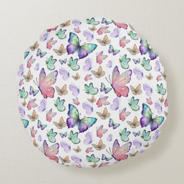 Watercolor Butterflies Seamless Pattern Round Pillow (Back)