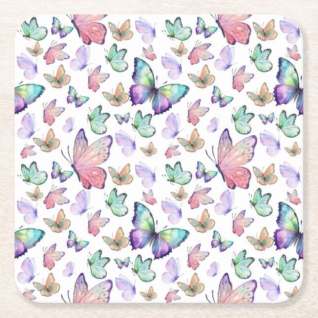 Watercolor Butterflies Seamless Pattern Square Paper Coaster (Front)