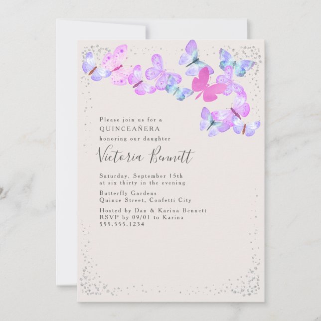 Watercolor Butterflies Silver Confetti Quinceanera Invitation (Front)