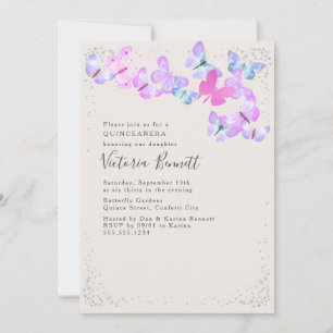 Watercolor Butterflies Silver Confetti Quinceanera Invitation