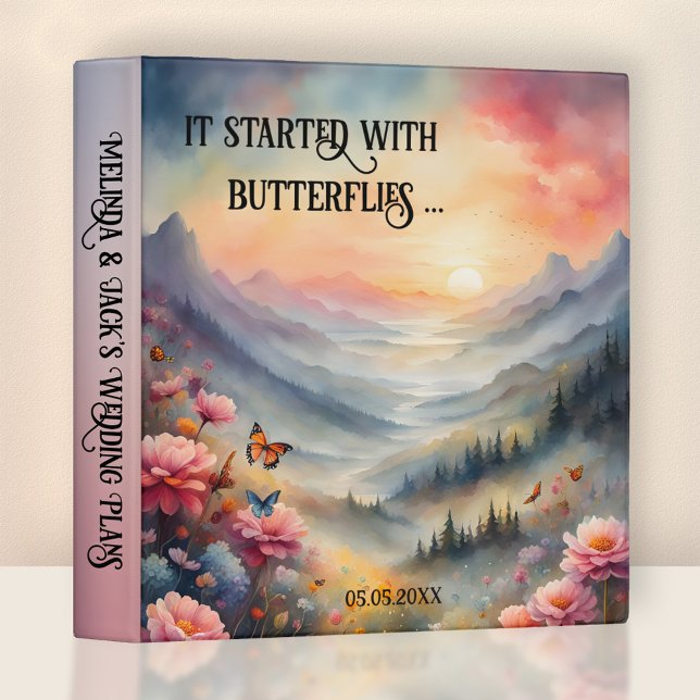 Watercolor Butterflies Wedding Plans Binder (Artistic wedding binder featuring a colorful painting of a butterfly valley with flowers at sunset)