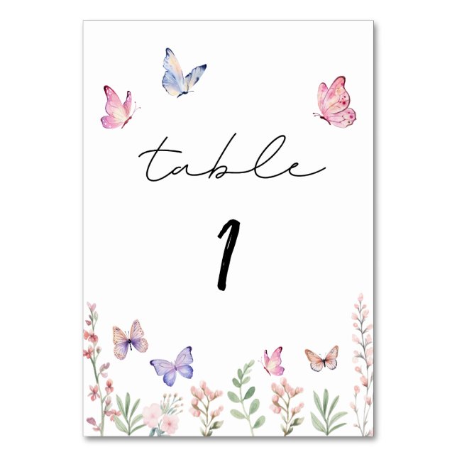 Watercolor Butterflies Wildflower Table Number (Front)