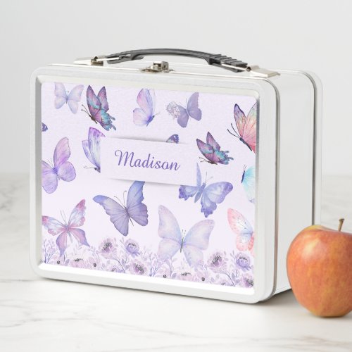 Watercolor Butterflies Wildflowers Garden Lilac Metal Lunch Box