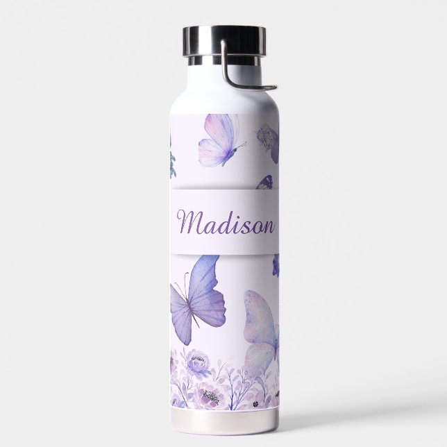 Watercolor Butterflies Wildflowers Garden Lilac Water Bottle (Left)