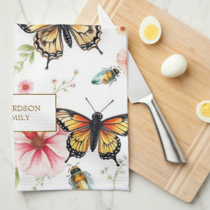 Watercolor butterflies windflowers monogram name kitchen towel