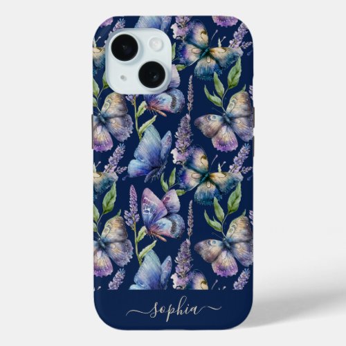 Watercolor Butterflies Wisteria Flower Custom Name iPhone 15 Case