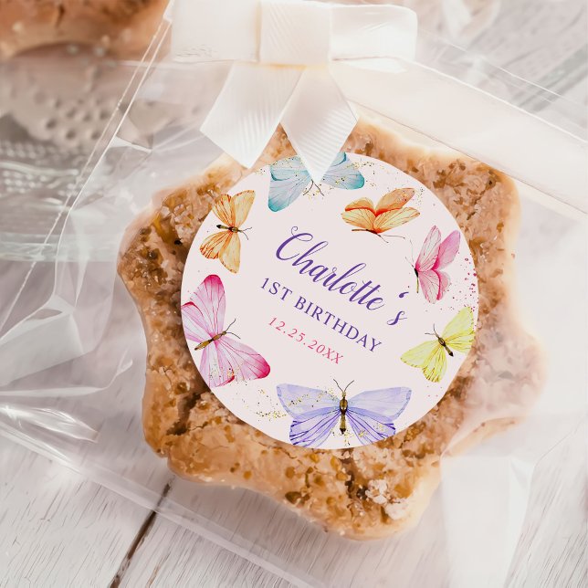 Watercolor Butterfly 1st Birthday  Classic Round Sticker (Creator Uploaded)