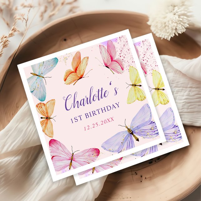 Watercolor Butterfly 1st Birthday Napkins (Creator Uploaded)