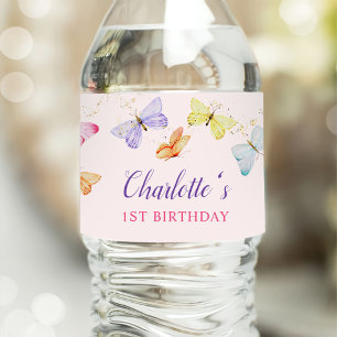 Watercolor Butterfly 1st Birthday Water Bottle Label