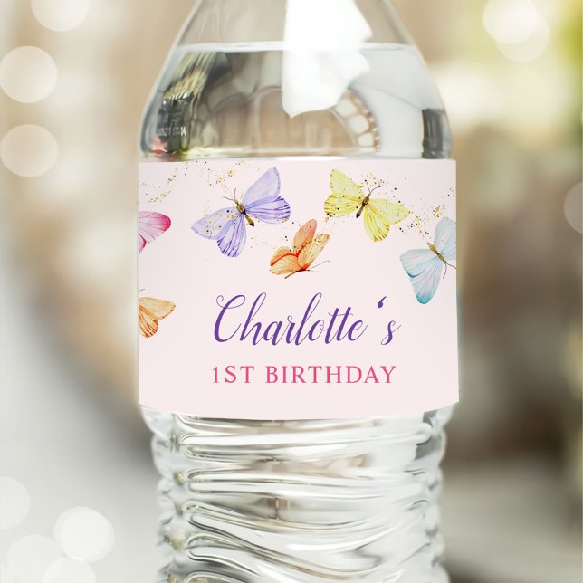 Watercolor Butterfly 1st Birthday  Water Bottle Label (Creator Uploaded)