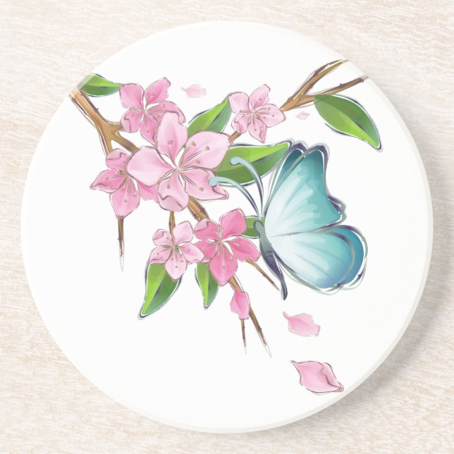 Watercolor Butterfly and Blossoms Sandstone Coaster (Front)