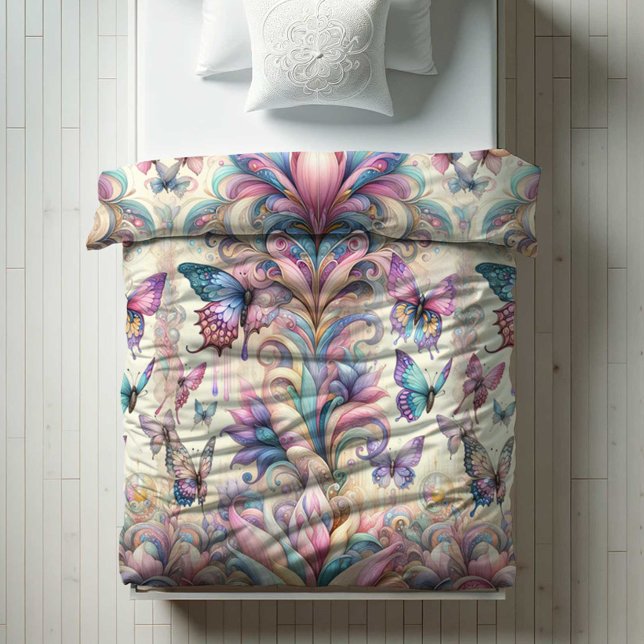 Watercolor Butterfly and Floral Pattern Duvet (unique magical butterfly duvet cover features watercolor nature art.)