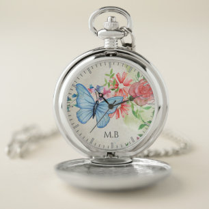 Watercolor Butterfly and Flowers Elegant Monogram Pocket Watch