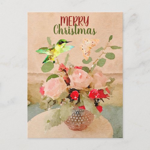 Watercolor Butterfly and Hummingbird Christmas Holiday Postcard