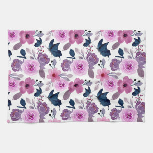 Watercolor butterfly and pink flowers kitchen towel