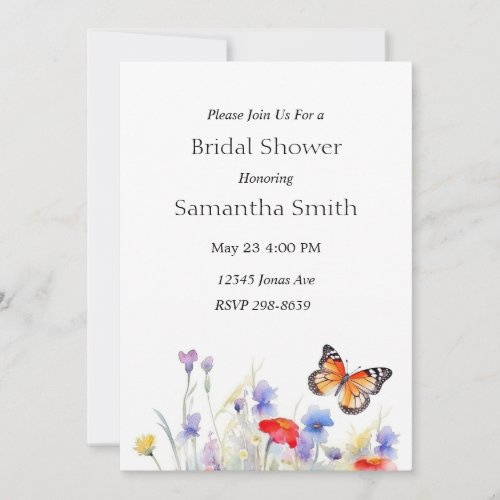 Watercolor Butterfly and Wildflowers Bridal Shower Invitation