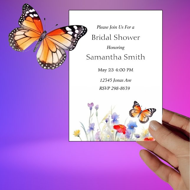 Watercolor Butterfly and Wildflowers Bridal Shower Invitation (Creator Uploaded)