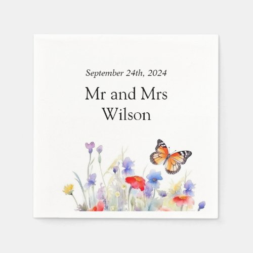 Watercolor Butterfly and Wildflowers Dinner  Napkins