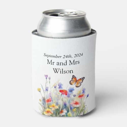 Watercolor Butterfly and Wildflowers Wedding  Can Cooler
