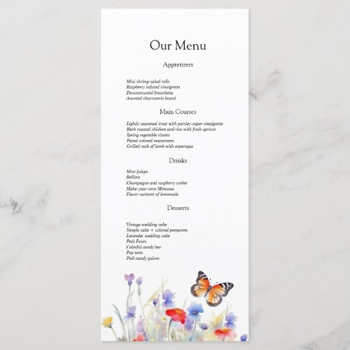 Watercolor Butterfly and Wildflowers Wedding  Menu