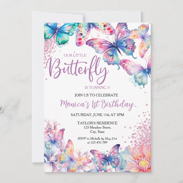 Watercolor Butterfly Baby Girl's 1st Birthday  Invitation (Front)