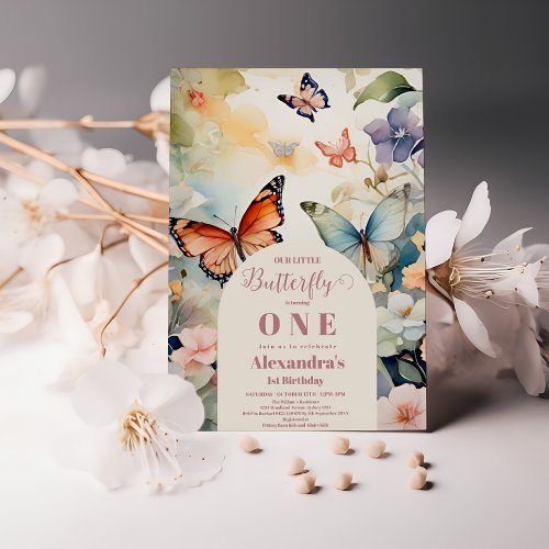 Watercolor Butterfly Baby Girls 1st Birthday Invitation