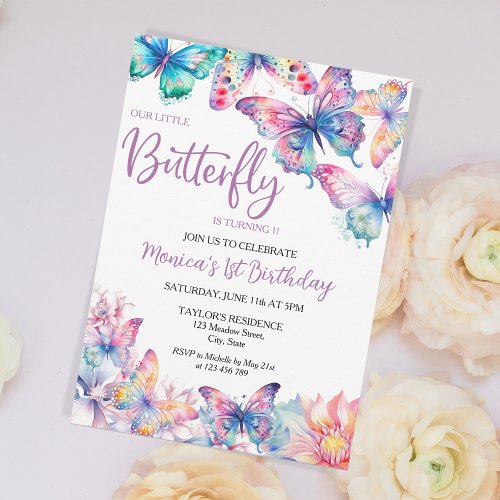 Watercolor Butterfly Baby Girls 1st Birthday  Invitation