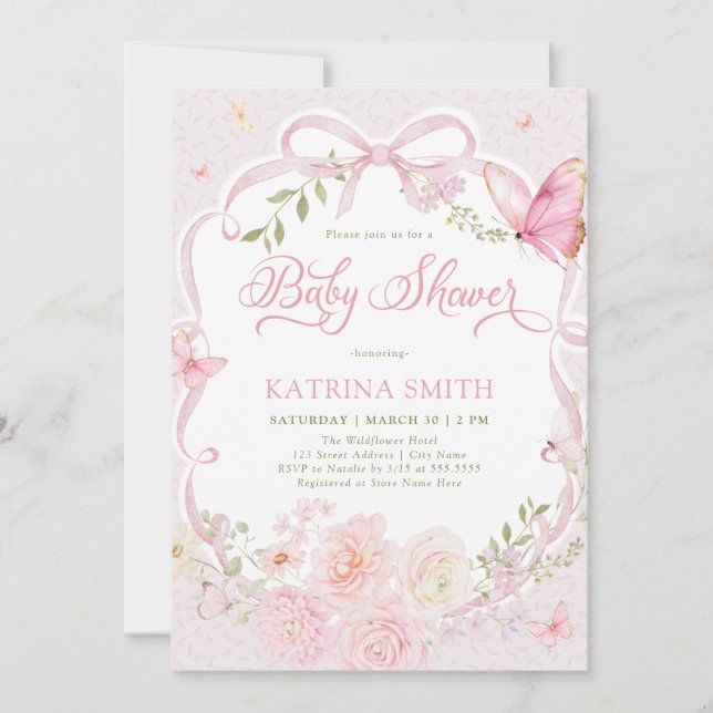 Watercolor Butterfly Baby Shower Girl Pink Flower Invitation (Front)