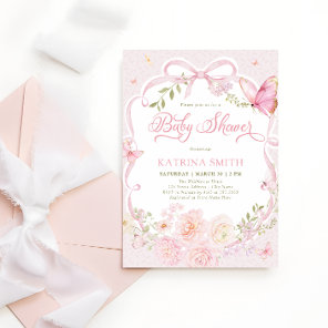 Watercolor Butterfly Baby Shower Girl Pink Flower Invitation