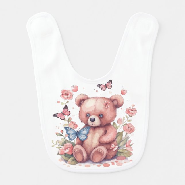 Watercolor Butterfly Bear Baby Bib (Front)