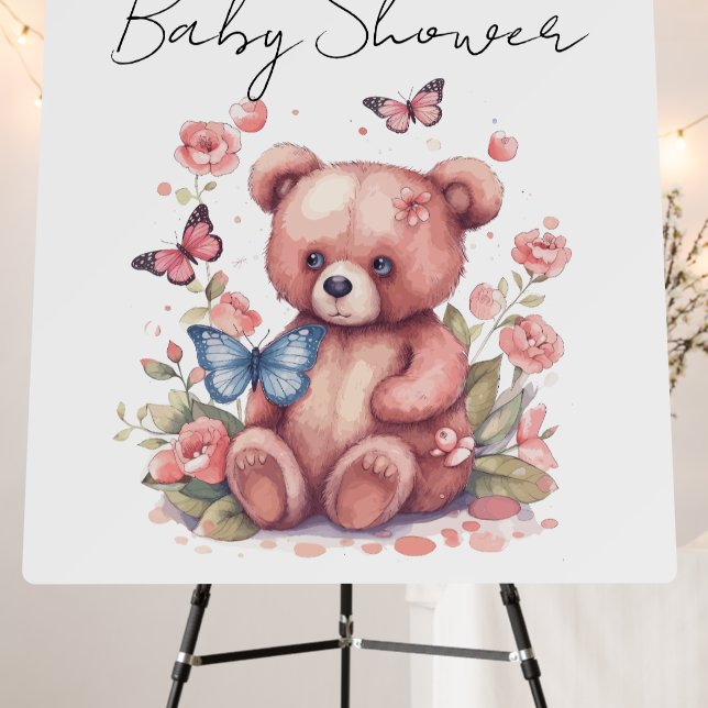 Watercolor Butterfly Bear Baby Shower Welcome Sign (In Situ (Stand))