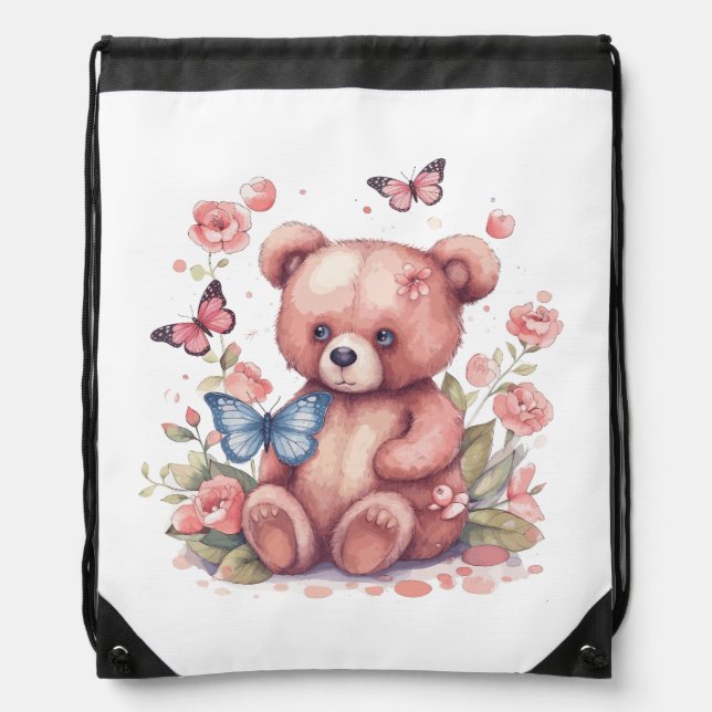 Watercolor Butterfly Bear Drawstring Bag (Front)