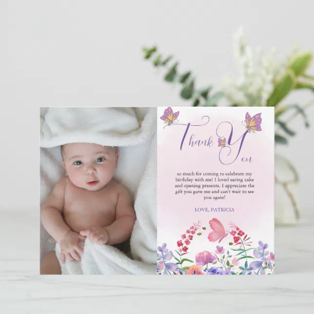 Watercolor Butterfly & Bees Purple Wildflower Thank You Card | Zazzle
