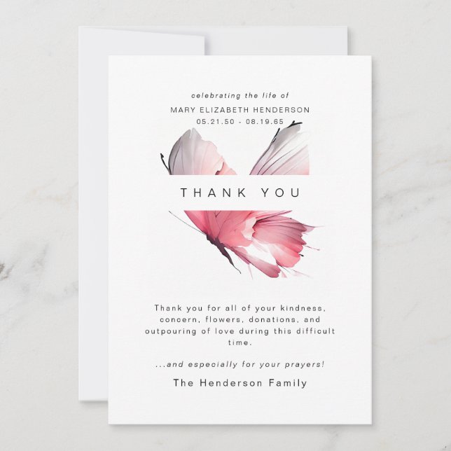 Watercolor Butterfly Bereavement Funeral Thank You (Front)