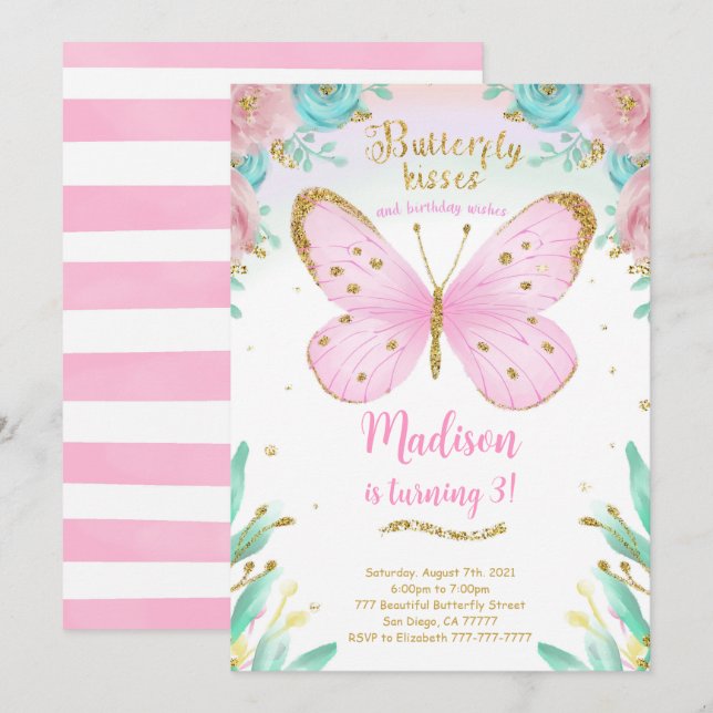 Watercolor Butterfly Birthday Invitation (Front/Back)
