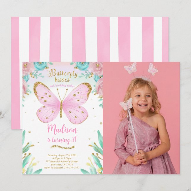 Watercolor Butterfly Birthday Photo Invitation (Front/Back)