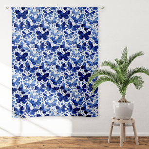 Watercolor Butterfly Blue and White Art Sheer Curtains