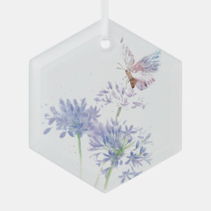 Watercolor Butterfly Blue Garden Flower Glass Ornament