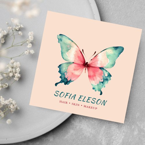Watercolor Butterfly Blush Pink Chic Beauty Salon Square Business Card