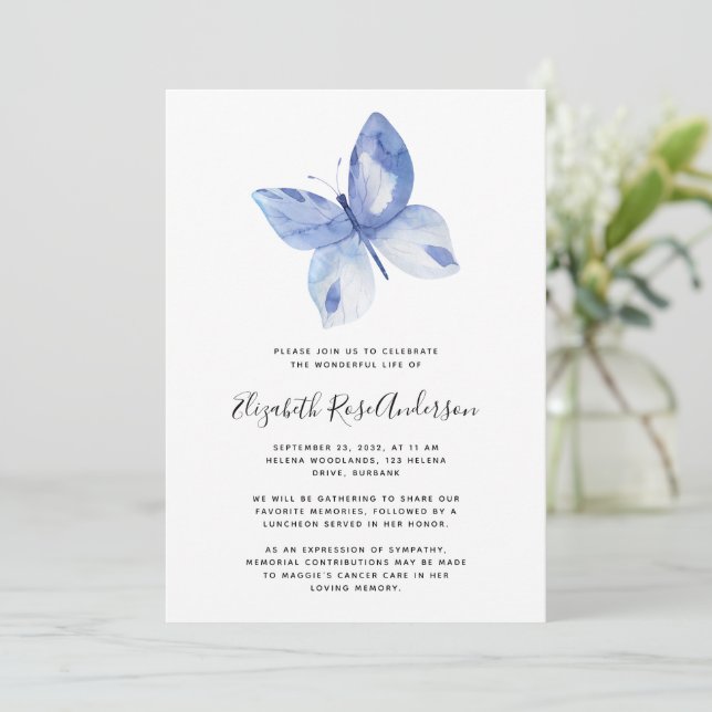 Watercolor Butterfly Celebration of Life Memorial Invitation (Standing Front)