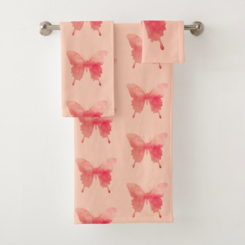 Watercolor Butterfly _ Coral and Peach Bath Towel Set