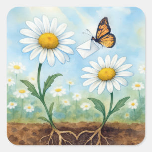 Watercolor Butterfly Delivering Mail to a Daisy Square Sticker