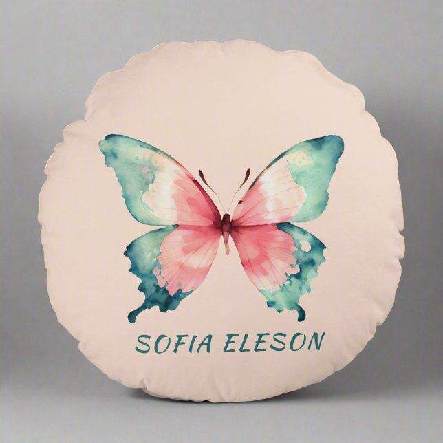 Watercolor Butterfly Elegant Blush Pink Name Round Pillow (Creator Uploaded)