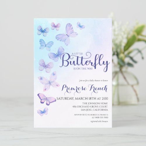Watercolor Butterfly Elegant Script Baby Shower In Invitation