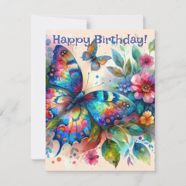 Watercolor Butterfly Floral Flowers Birthday Card (Front)