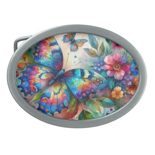 Watercolor Butterfly Floral Flowers Blue Pink Belt Buckle