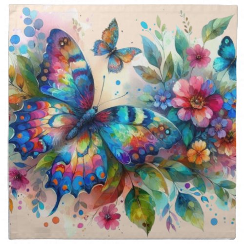 Watercolor Butterfly Floral Flowers Blue Pink Cloth Napkin