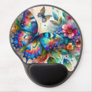 Watercolor Butterfly Floral Flowers Blue Pink Gel Mouse Pad