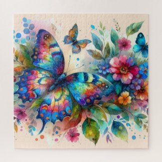 Watercolor Butterfly Floral Flowers Blue Pink