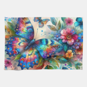 Watercolor Butterfly Floral Flowers Blue Pink Kitchen Towel